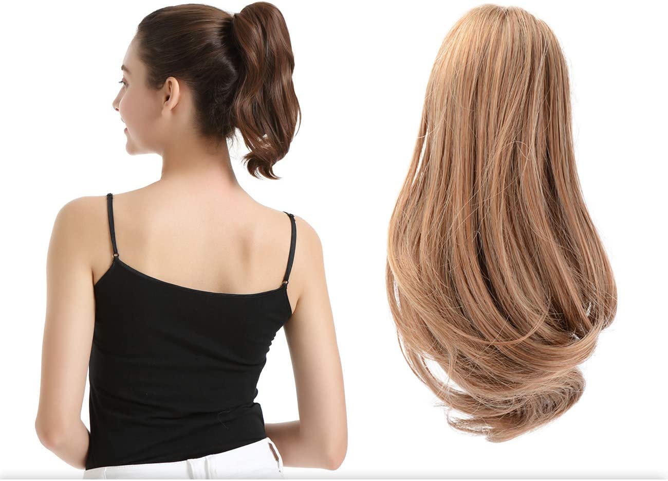 BARSDAR 10 inch Clip in Ponytail Hair Extensions Short Curly Synthetic Hair Piece for Women (12/24-Light Golden Brown & Pale Golden Blonde)