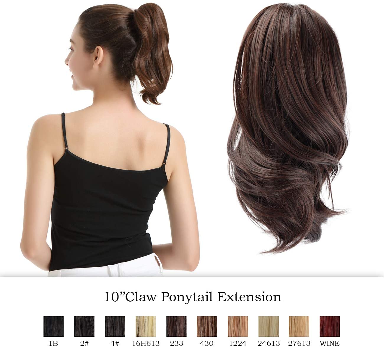 BARSDAR 10 inch Clip in Ponytail Hair Extensions Short Curly Synthetic Hair Piece for Women (2/33# Darkest Brown mix Dark Auburn Evenly)