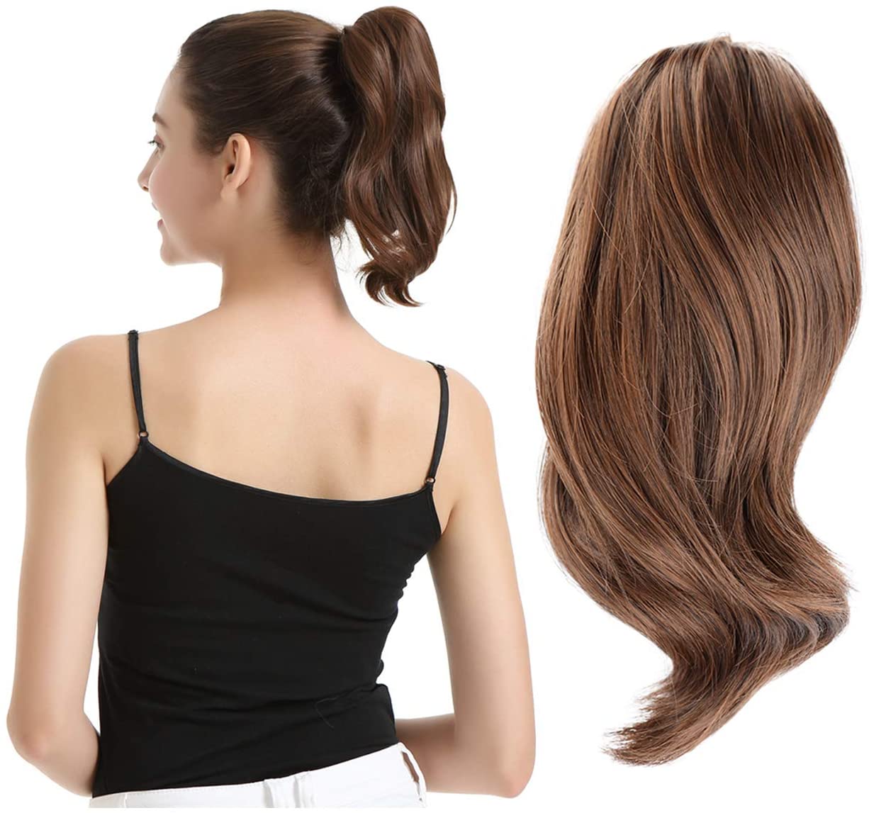 BARSDAR 10 Inch Clip in Ponytail Hair Extensions Short Curly Synthetic Hair Piece for Women (4/30-Medium Brown & Light Auburn Mixed)