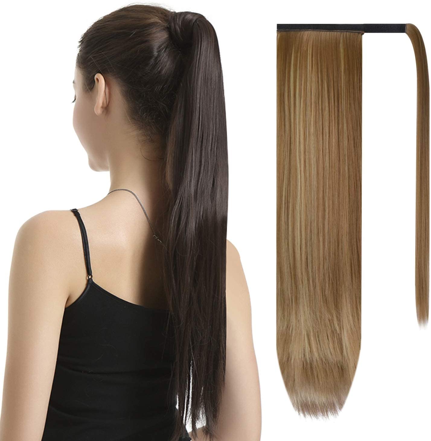 BARSDAR Ponytail Extension 26 Inch Long Straight Wrap Around Hair Piece for Women Synthetic Hair for Daily Use(12H24 Brown & Blonde)