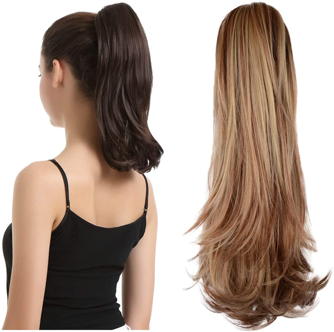 BARSDAR 14 Inches Clip in Ponytail Hair Extensions Short Wavy Synthetic Hair Piece for Women (12H24# Brown & Blonde)