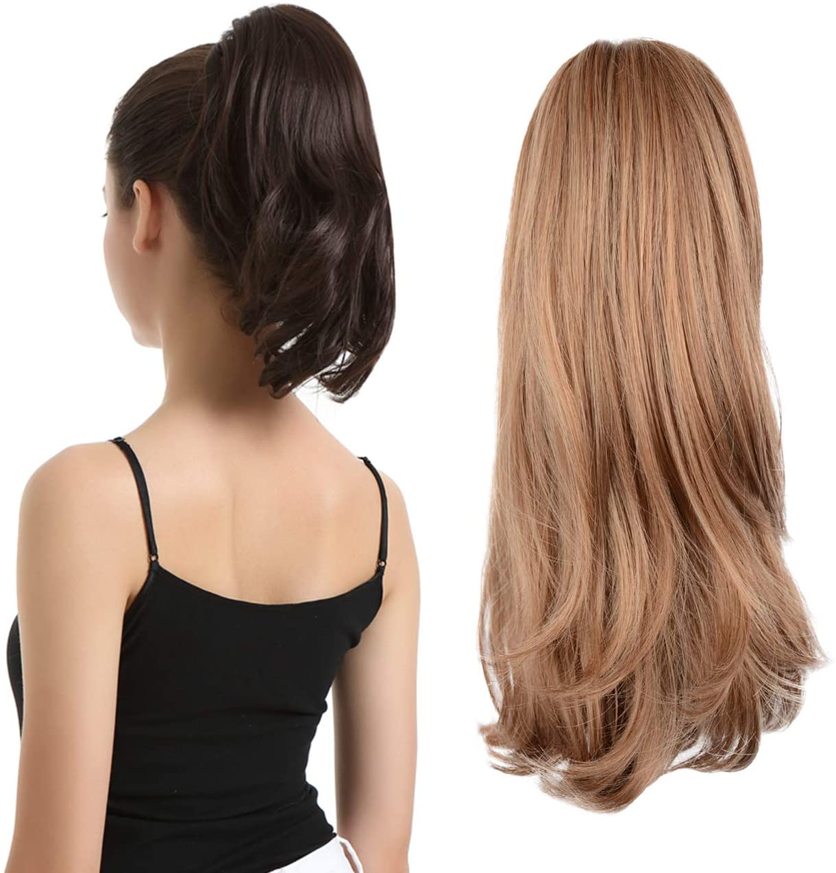 BARSDAR 14 Inch Curly Hair Piece Ponytail Extensions Synthetic Drawstring on a Claw Clip Attachment Natural Looking for Women (12/24 Light Golden Brown & Pale Golden Blonde)