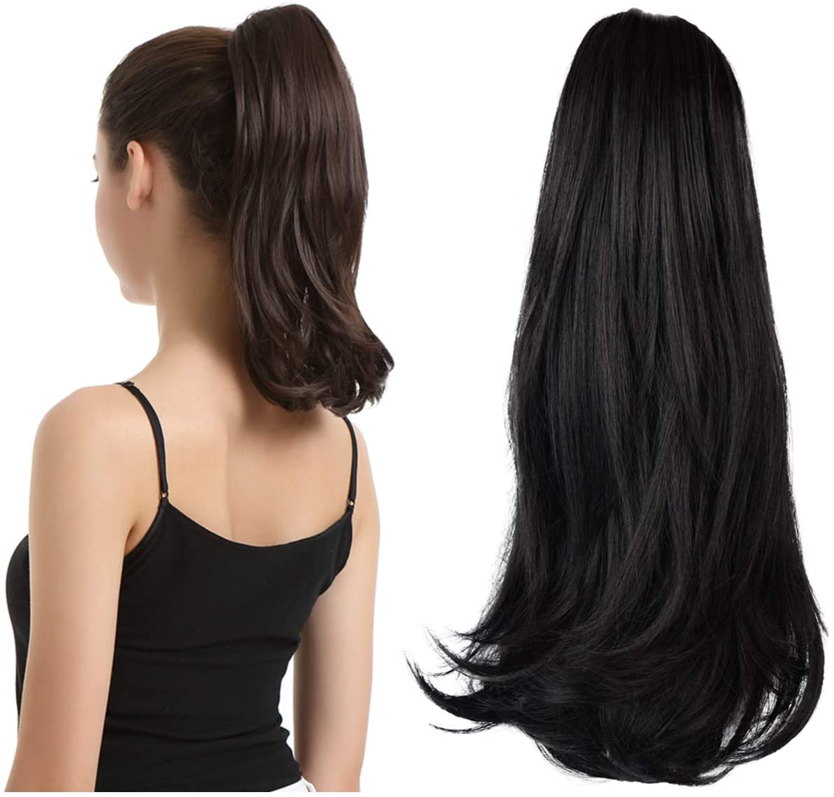 BARSDAR 14 Inch Curly Hair Piece Ponytail Extensions Synthetic Drawstring on a Claw Clip Attachment Natural Looking for Women(1B Natural Black)