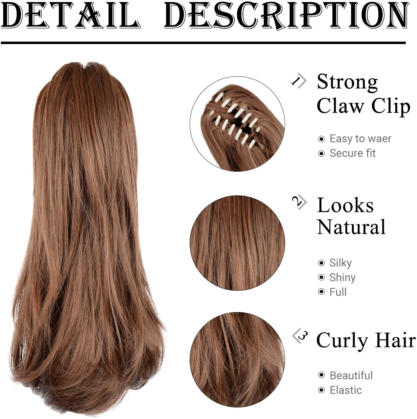 BARSDAR 14 Inch Curly Hair Piece Ponytail Extensions Synthetic Drawstring on a Claw Clip Attachment Natural Looking for Women(1B Natural Black)