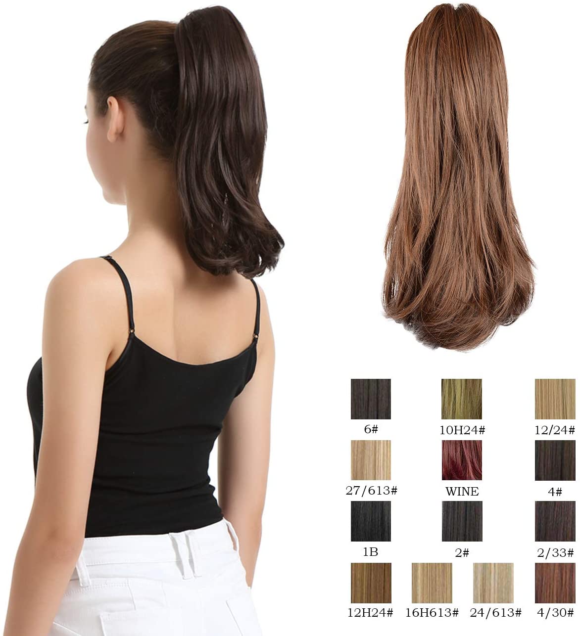 BARSDAR 14 Inch Curly Hair Piece Ponytail Extensions Synthetic Drawstring on a Claw Clip Attachment Soft Silky Natural Looking for Women -(4/30# Dark Brown mix Auburn Evenly)