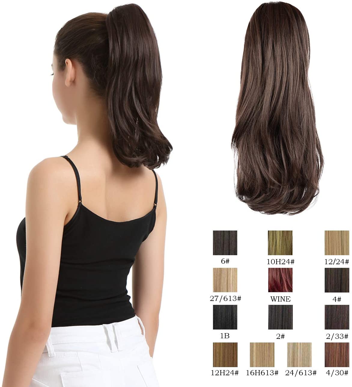 BARSDAR 14 Inch Curly Hair Piece Ponytail Extensions Synthetic Drawstring on a Claw Clip Attachment Natural Looking for Women (6# Medium Chestnut Brown)