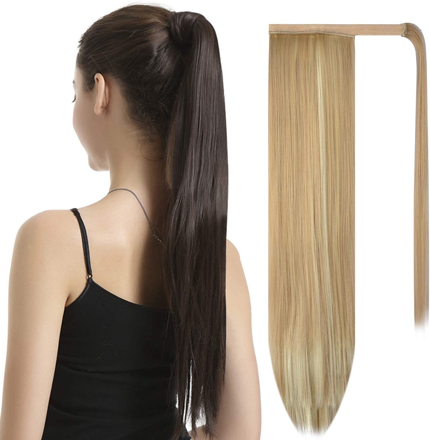 BARSDAR Ponytail Extension 26 Inch Long Straight Wrap Around Hair Piece for Women Synthetic Hair for Daily Use (16H613 Light Ash Brown & Bleach Blonde)