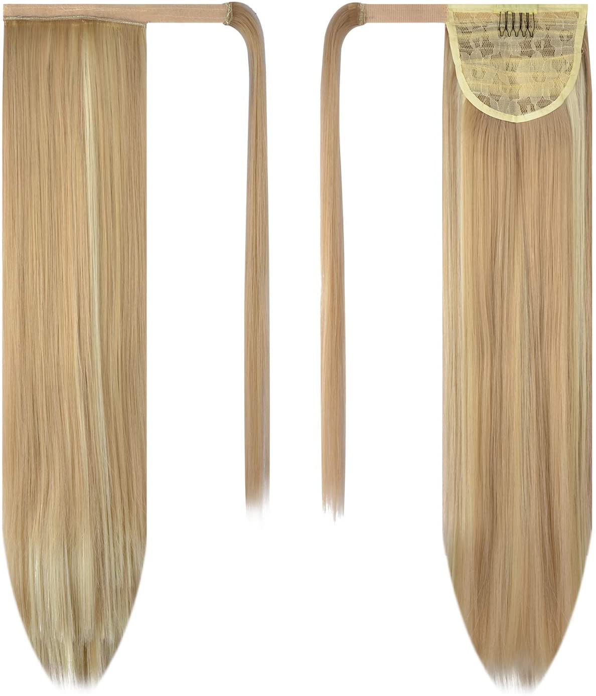 BARSDAR Ponytail Extension 26 Inch Long Straight Wrap Around Hair Piece for Women Synthetic Hair for Daily Use (16H613 Light Ash Brown & Bleach Blonde)