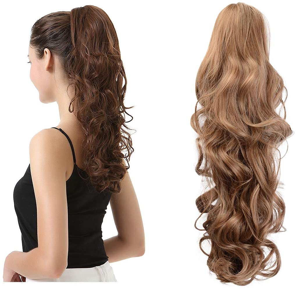 BARSDAR Clip In On Hair Extensions Claw Ponytail Extensions Hair Piece Curly for Women Synthetic Heat-Resisting 19 Inch (12/24# Light Golden Brown & Pale Golden Blonde)