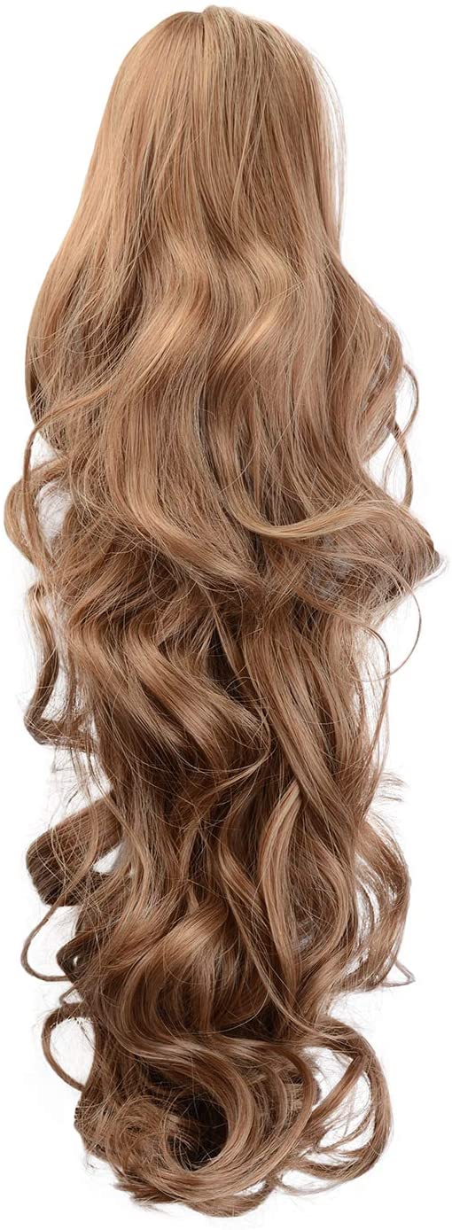 BARSDAR Clip In On Hair Extensions Claw Ponytail Extensions Hair Piece Curly for Women Synthetic Heat-Resisting 19 Inch (12/24# Light Golden Brown & Pale Golden Blonde)