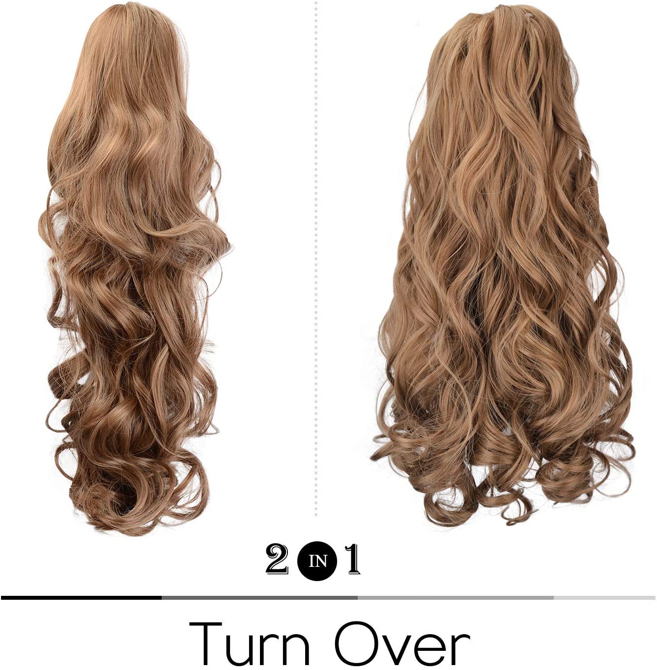 BARSDAR Clip In On Hair Extensions Claw Ponytail Extensions Hair Piece Curly for Women Synthetic Heat-Resisting 19 Inch (12/24# Light Golden Brown & Pale Golden Blonde)