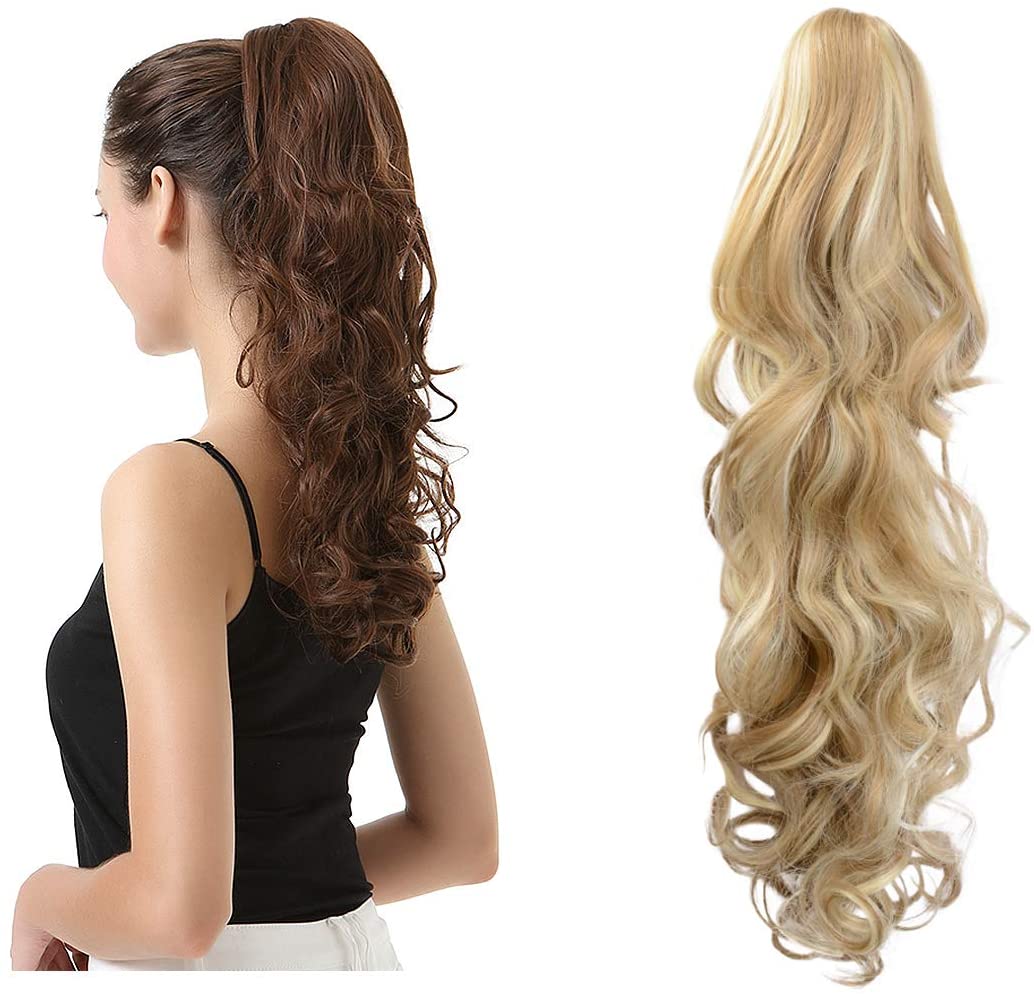 BARSDAR Clip In On Hair Extensions Claw Ponytail Extensions Hair Piece Curly for Women Synthetic Heat-Resisting 19 Inch (16H613# Golden Blonde & Bleach Blonde)