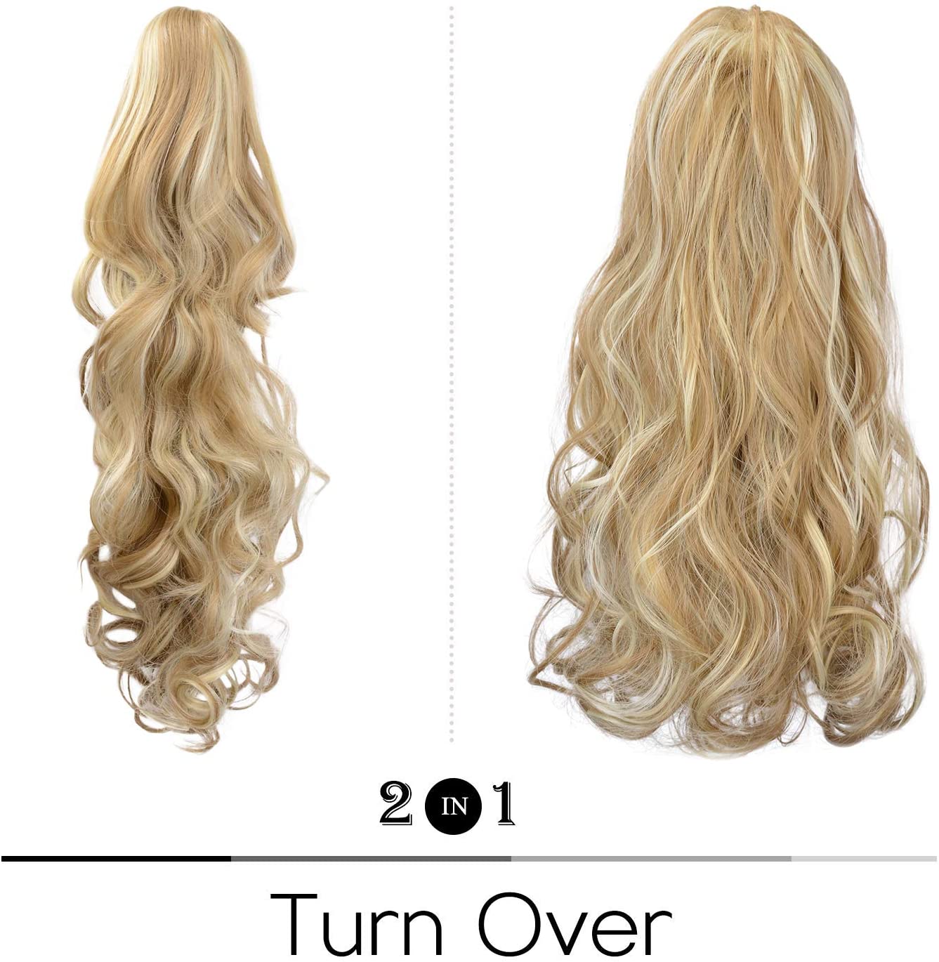 BARSDAR Clip In On Hair Extensions Claw Ponytail Extensions Hair Piece Curly for Women Synthetic Heat-Resisting 19 Inch (16H613# Golden Blonde & Bleach Blonde)