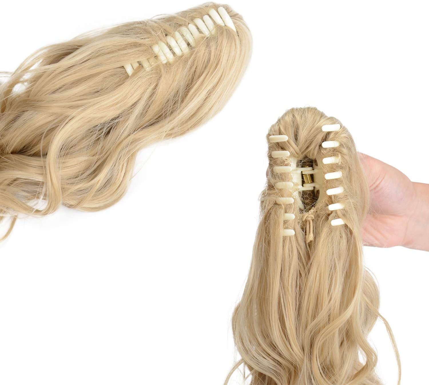BARSDAR Clip In On Hair Extensions Claw Ponytail Extensions Hair Piece Curly for Women Synthetic Heat-Resisting 19 Inch (16H613# Golden Blonde & Bleach Blonde)