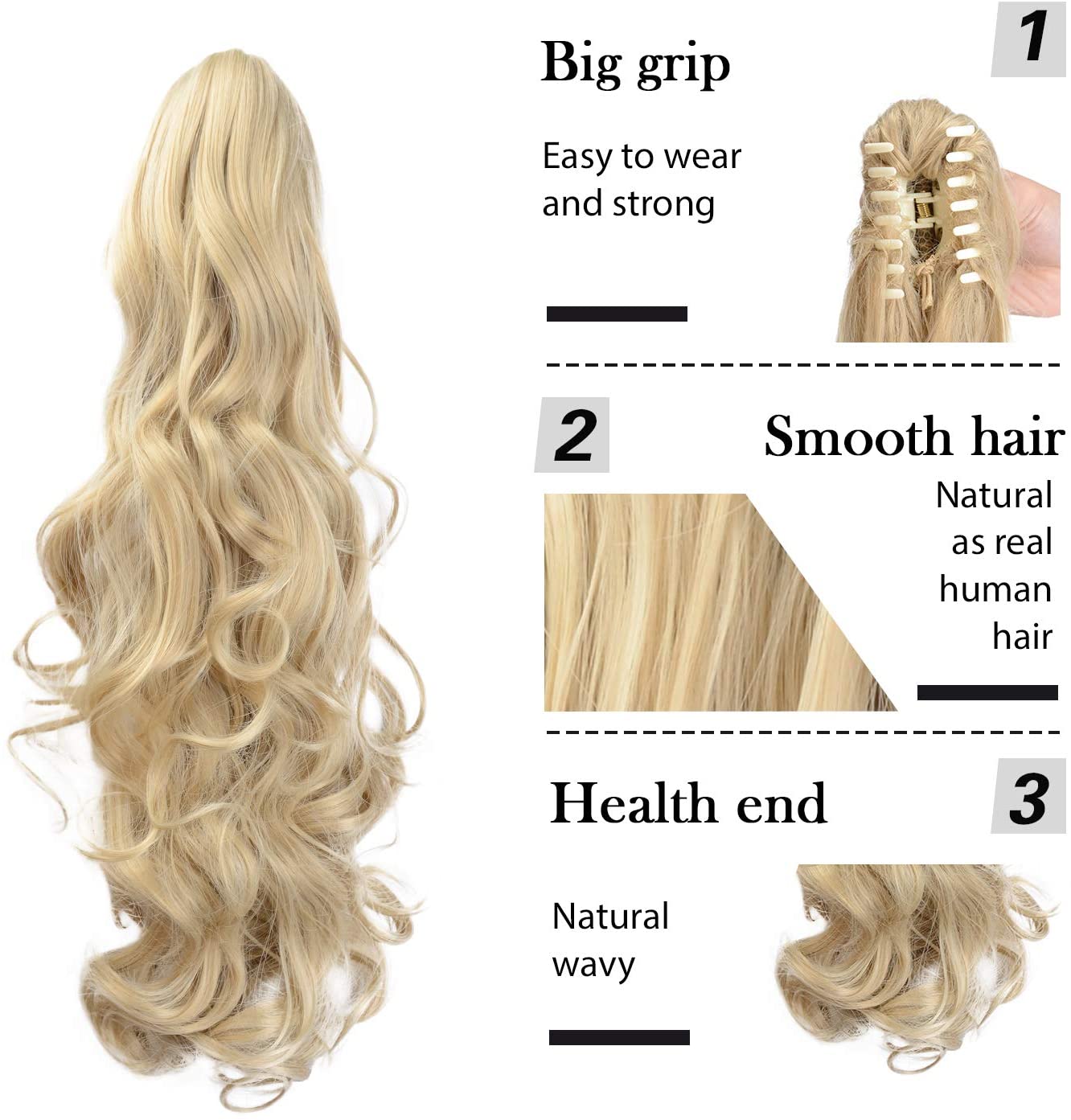 BARSDAR Clip In On Hair Extensions Claw Ponytail Extensions Hair Piece Curly for Women Synthetic Heat-Resisting 19 Inch (16H613# Golden Blonde & Bleach Blonde)