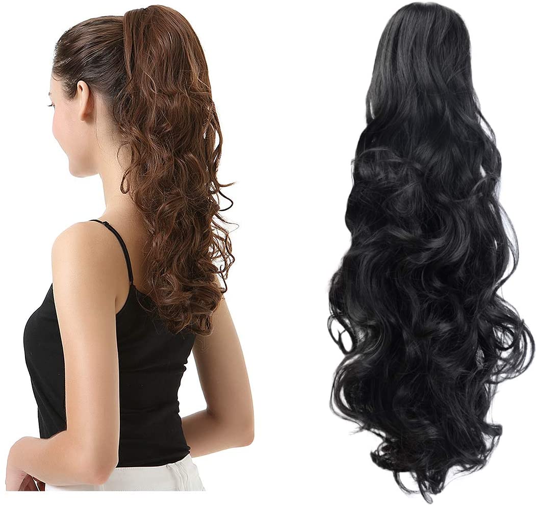 BARSDAR Clip In On Hair Extensions Claw Ponytail Extensions Hair Piece Curly for Women Synthetic Heat-Resisting 19 Inch (1B Natural Black)