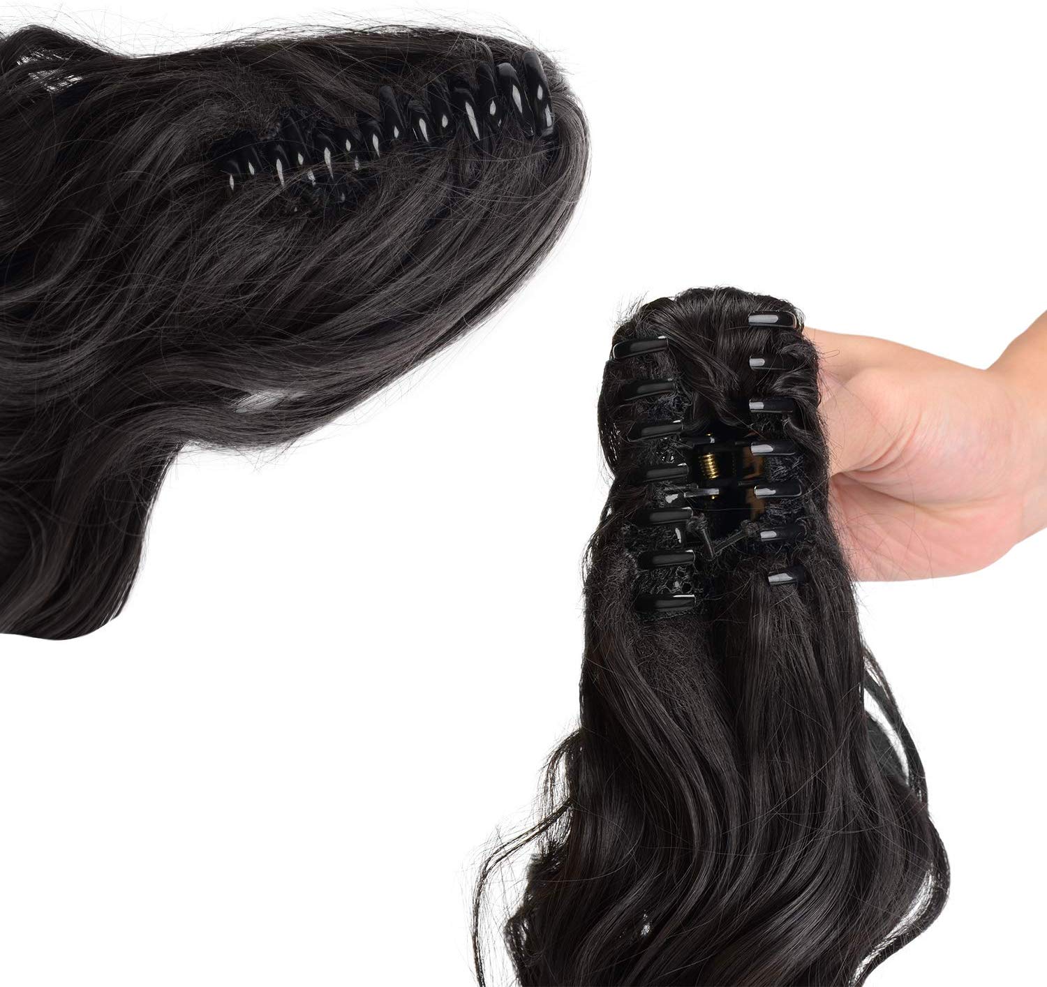 BARSDAR Clip In On Hair Extensions Claw Ponytail Extensions Hair Piece Curly for Women Synthetic Heat-Resisting 19 Inch (1B Natural Black)