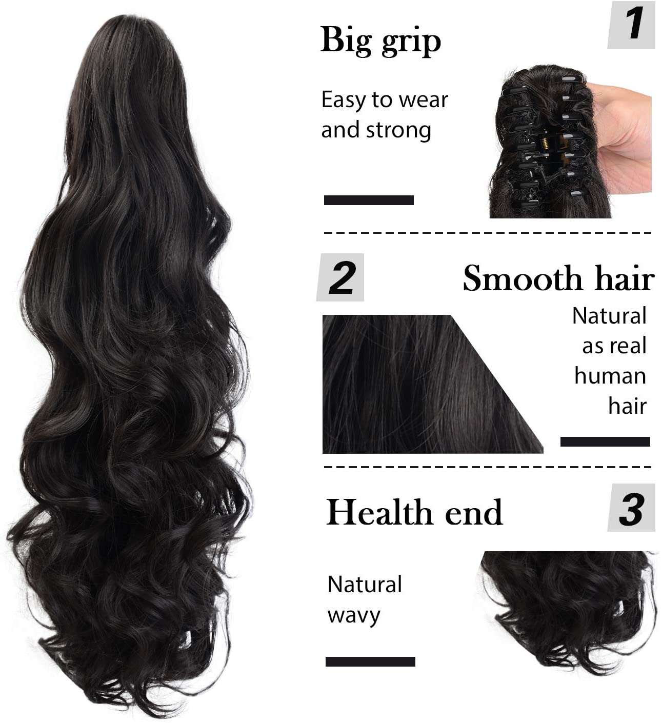 BARSDAR Clip In On Hair Extensions Claw Ponytail Extensions Hair Piece Curly for Women Synthetic Heat-Resisting 19 Inch (1B Natural Black)
