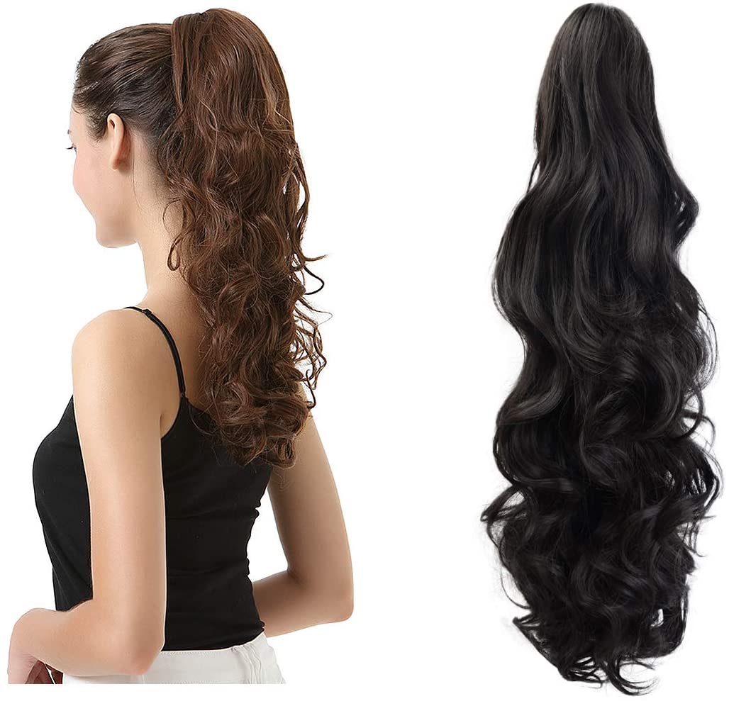 BARSDAR Clip In On Hair Extensions Claw Ponytail Extensions Hair Piece Curly for Women Synthetic Heat-Resisting 19 Inch (2# Natural Black)