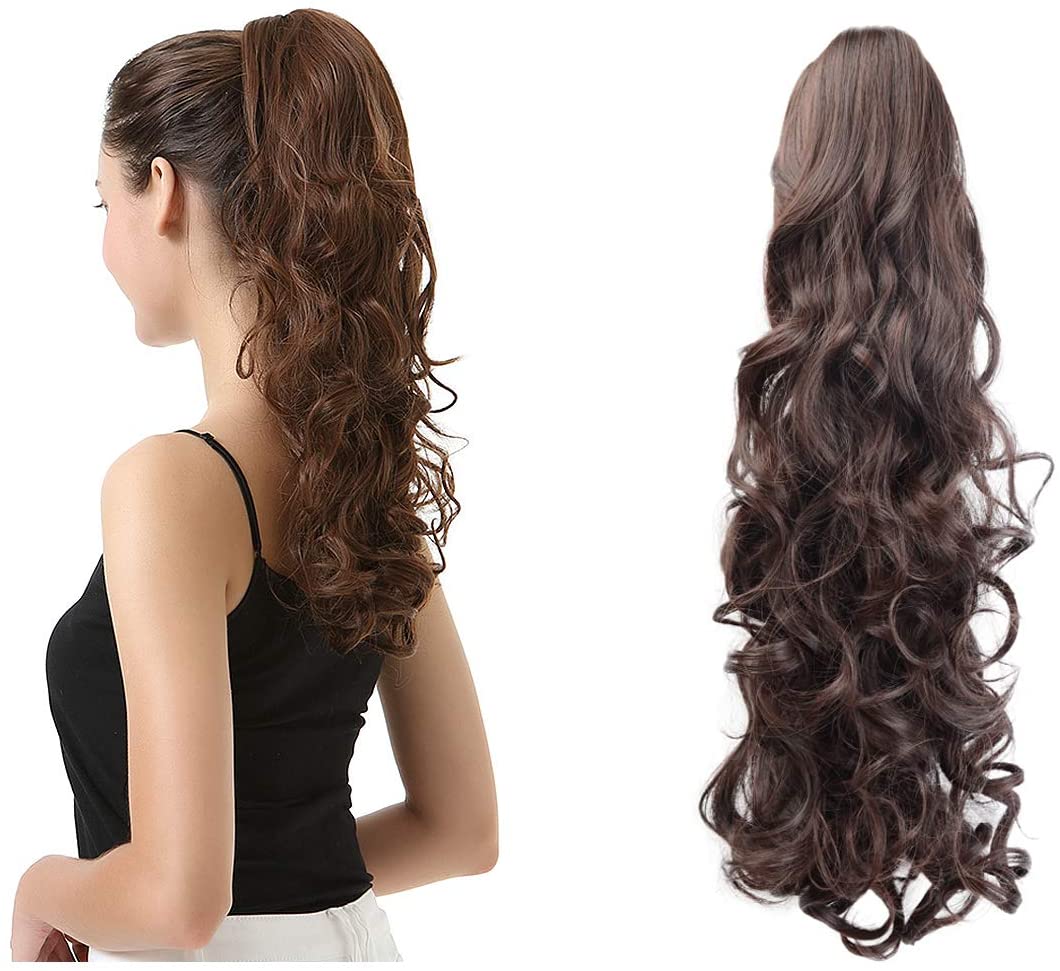 BARSDAR Clip In On Hair Extensions Claw Ponytail Extensions Hair Piece Curly for Women Synthetic Heat-Resisting 19 Inch (2/33# Darkest Brown mix Dark Auburn Evenly)