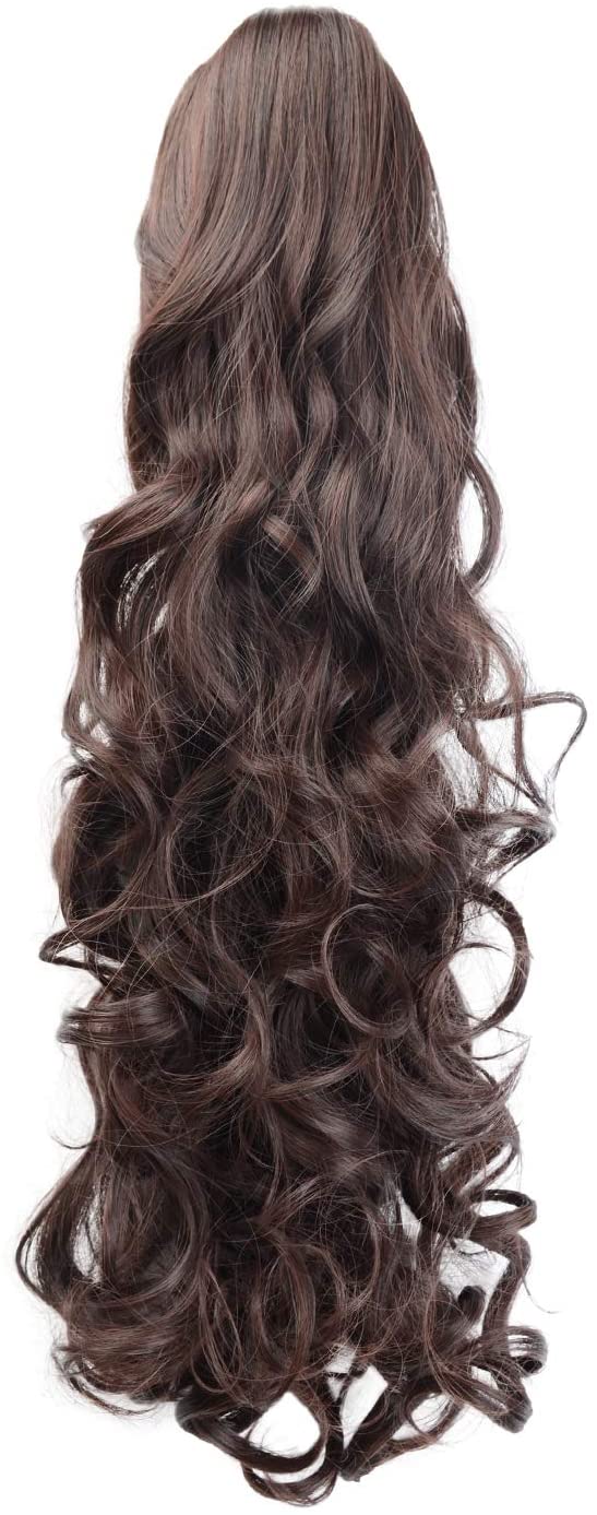 BARSDAR Clip In On Hair Extensions Claw Ponytail Extensions Hair Piece Curly for Women Synthetic Heat-Resisting 19 Inch (2/33# Darkest Brown mix Dark Auburn Evenly)