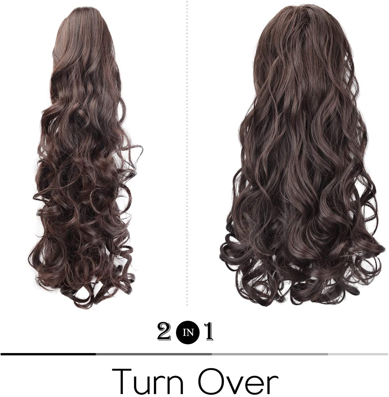 BARSDAR Clip In On Hair Extensions Claw Ponytail Extensions Hair Piece Curly for Women Synthetic Heat-Resisting 19 Inch (2/33# Darkest Brown mix Dark Auburn Evenly)