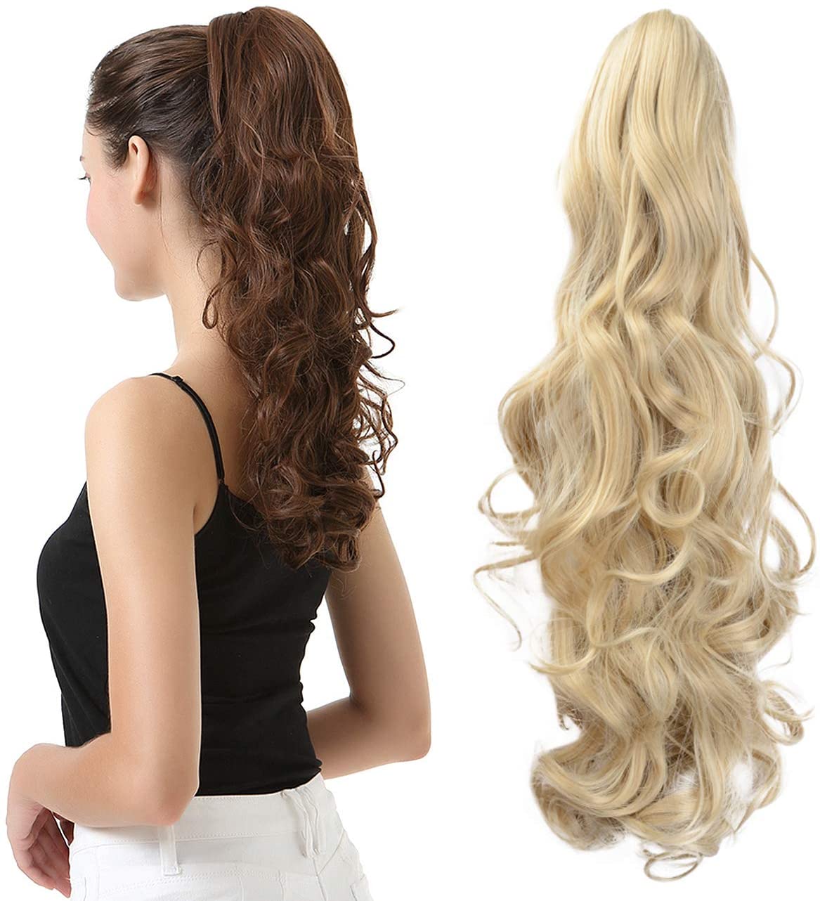BARSDAR Clip In On Hair Extensions Claw Ponytail Extensions Hair Piece Curly for Women Synthetic Heat-Resisting 19 Inch (24/613# Light Blonde mix Bleach Blonde Evenly)