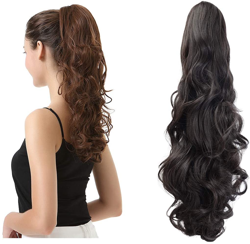 BARSDAR Clip In On Hair Extensions Claw Ponytail Extensions Hair Piece Curly for Women Synthetic Heat-Resisting 19 Inch (4# Dark Brown)