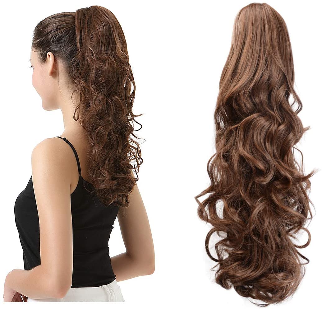 BARSDAR Clip In On Hair Extensions Claw Ponytail Extensions Hair Piece Curly for Women Synthetic Heat-Resisting 19 Inch (4/30# Medium Brown & Light Auburn Mixed)