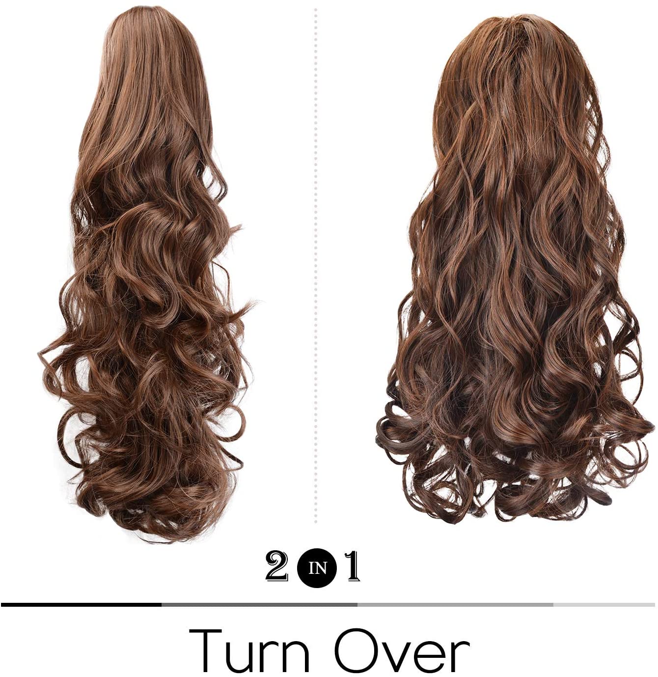 BARSDAR Clip In On Hair Extensions Claw Ponytail Extensions Hair Piece Curly for Women Synthetic Heat-Resisting 19 Inch (4/30# Medium Brown & Light Auburn Mixed)