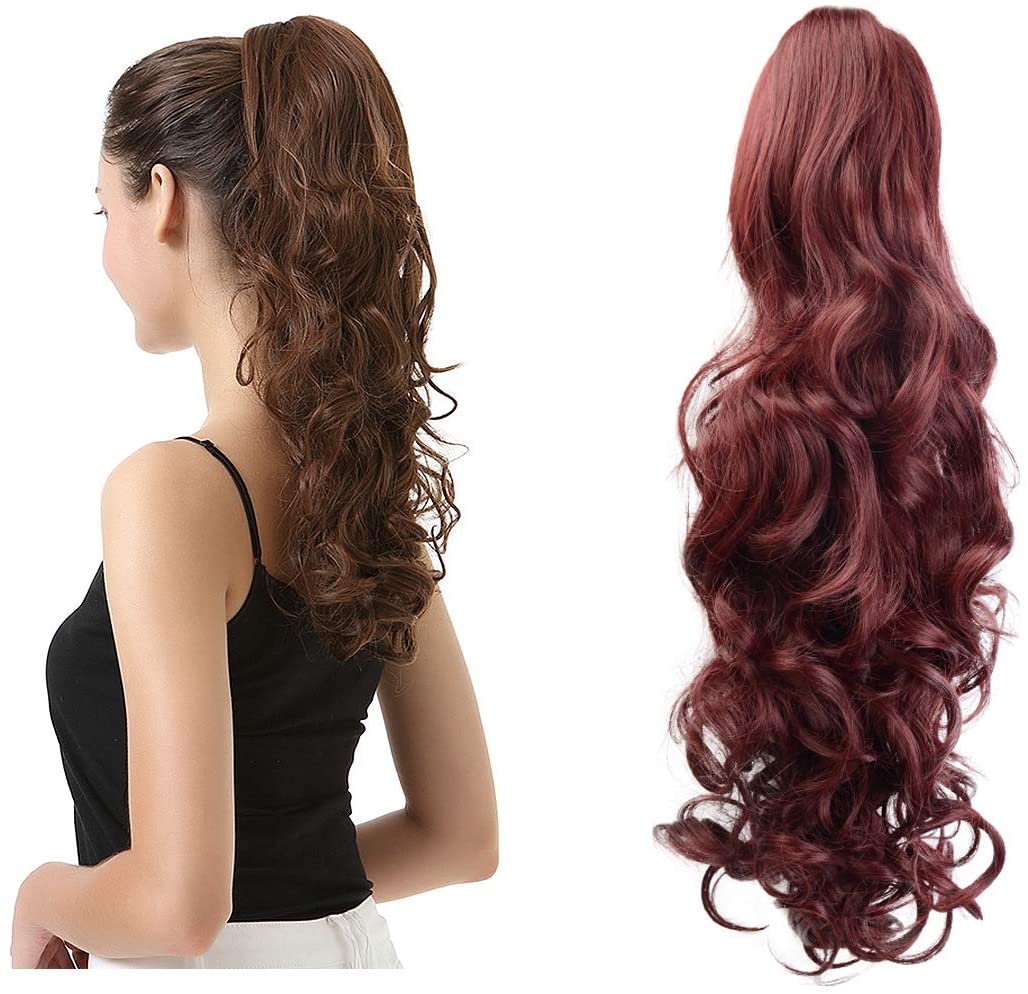 BARSDAR Clip In On Hair Extensions Claw Ponytail Extensions Hair Piece Curly for Women Synthetic Heat-Resisting 19 Inch (Wine)