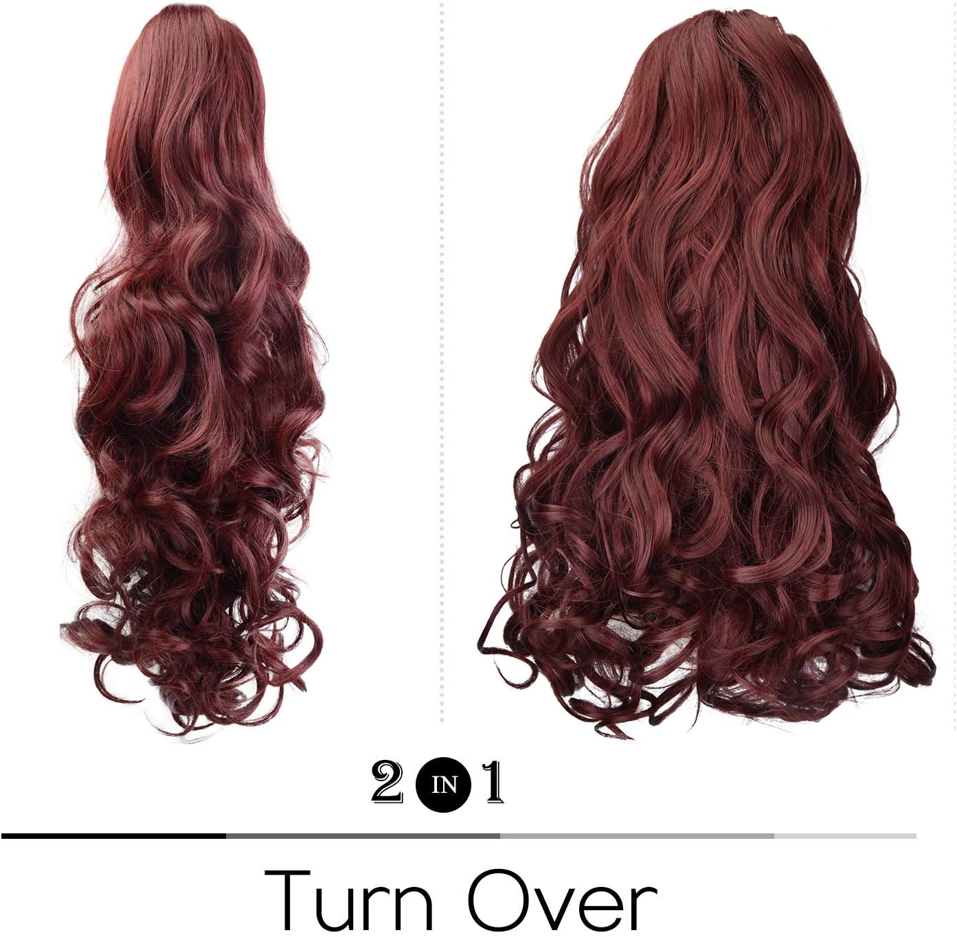 BARSDAR Clip In On Hair Extensions Claw Ponytail Extensions Hair Piece Curly for Women Synthetic Heat-Resisting 19 Inch (Wine)