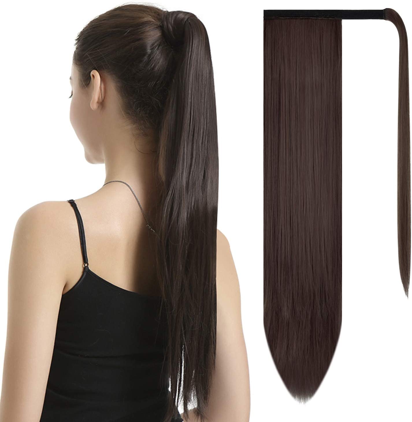 BARSDAR 26 Inch Ponytail Extension Hair Bun Extensions Hairpiece Messy for Women (2/33# Darkest Brown mix Dark Auburn Evenly)