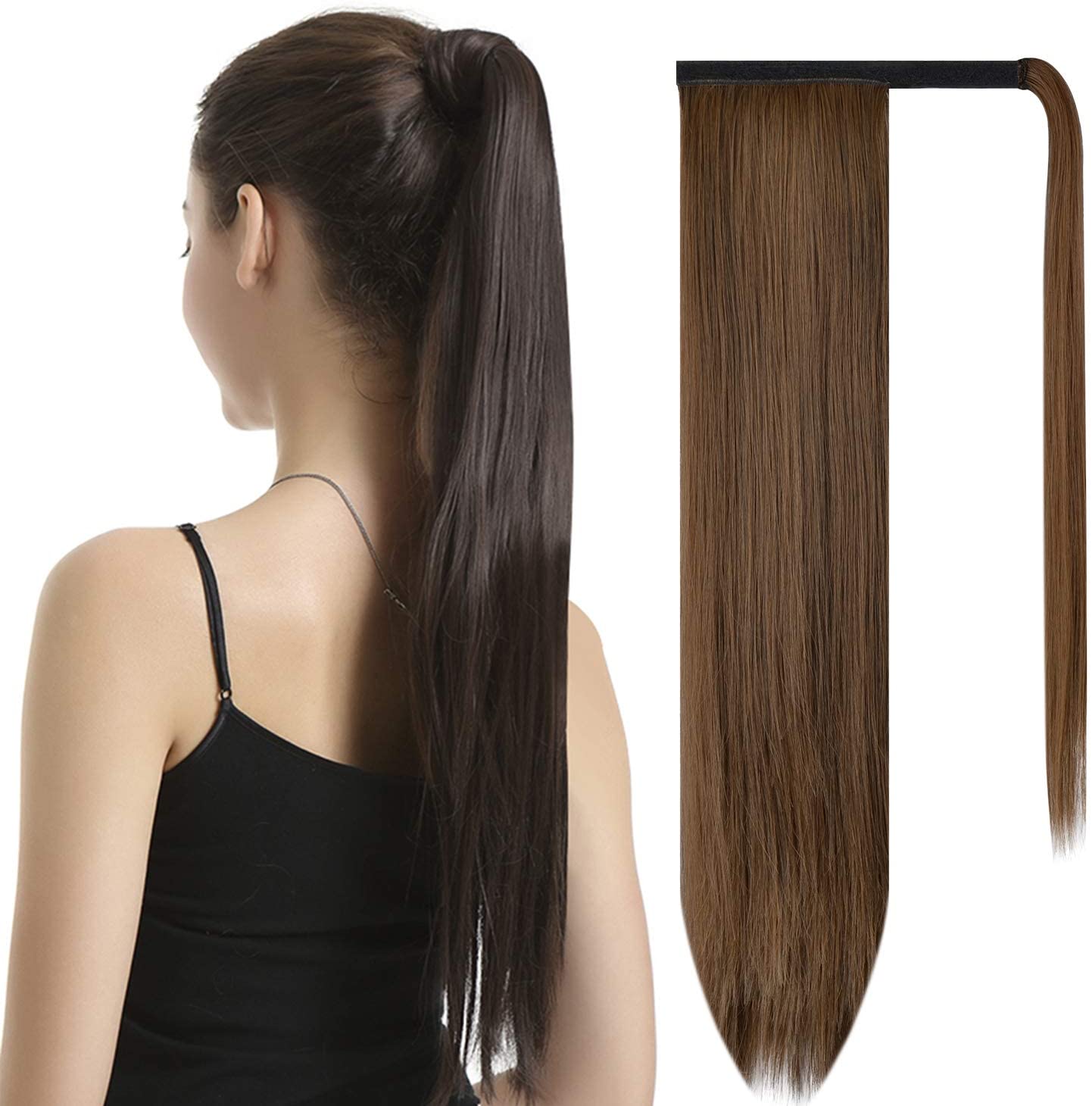 BARSDAR Ponytail Extension 26 Inch Long Straight Wrap Around Hair Piece for Women Synthetic Hair for Daily Use (4/30# Dark Brown mix Auburn Evenly)