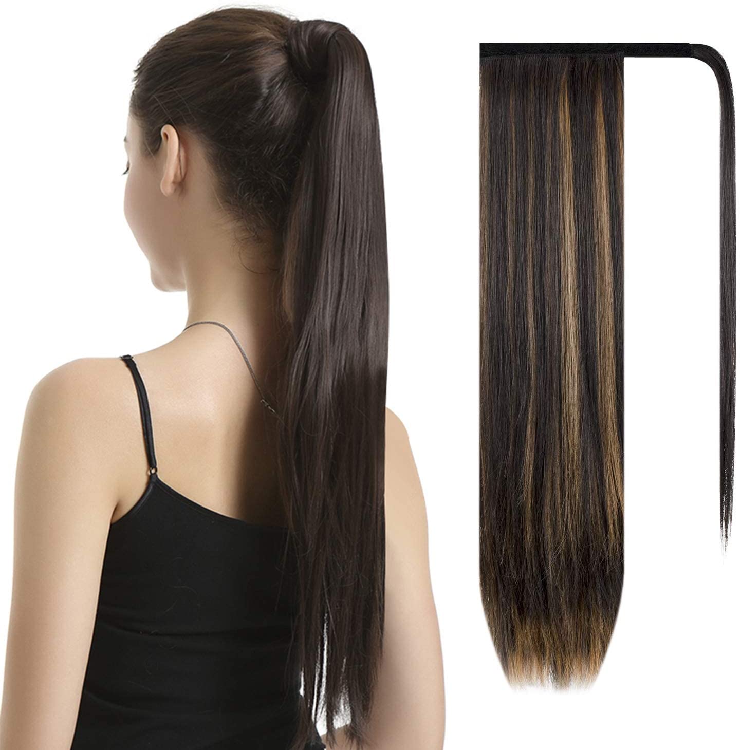 BARSDAR Ponytail Extension 26 Inch Long Straight Wrap Around Hair Piece for Women Synthetic Hair for Daily Use(4H27# Dark Brown mix Strawberry Blonde Unevenly)
