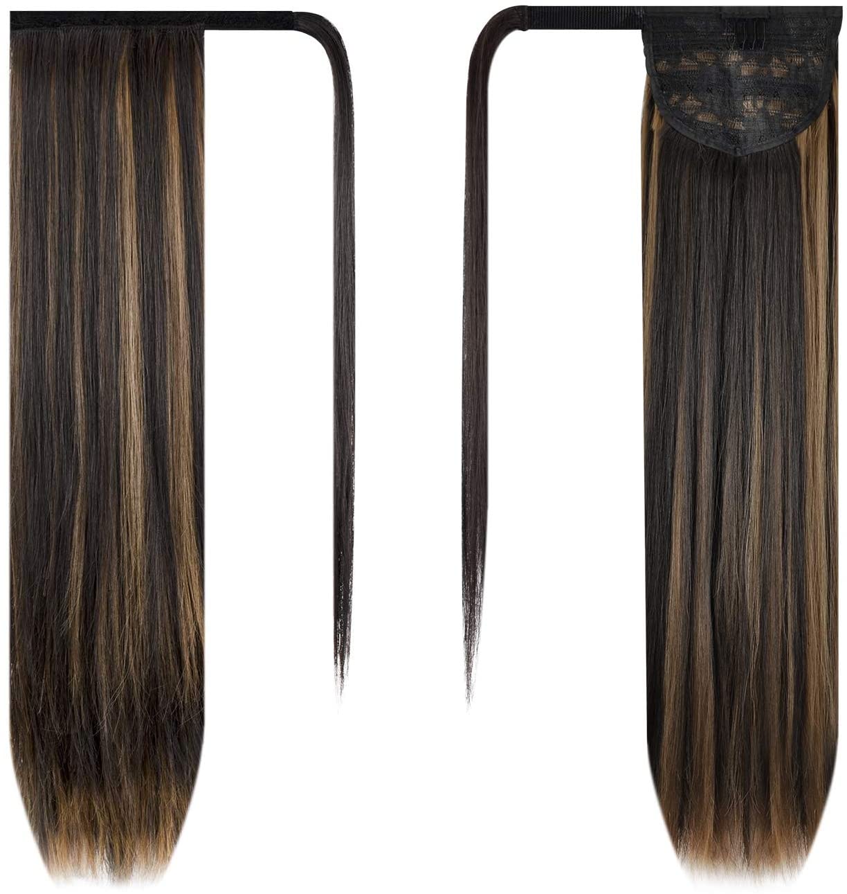 BARSDAR Ponytail Extension 26 Inch Long Straight Wrap Around Hair Piece for Women Synthetic Hair for Daily Use(4H27# Dark Brown mix Strawberry Blonde Unevenly)