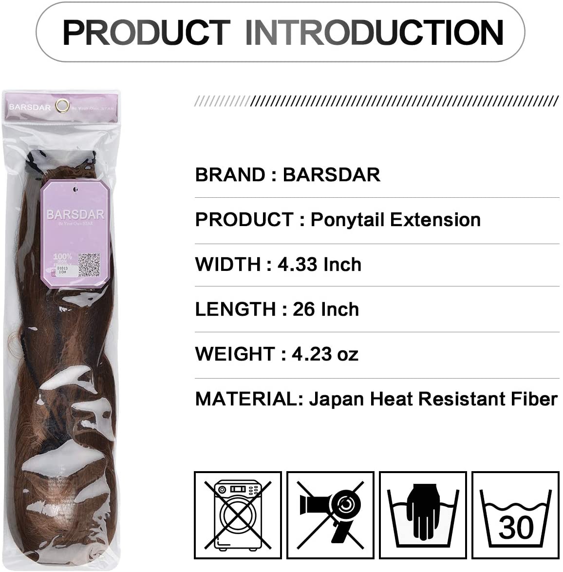 BARSDAR Ponytail Extension 26 Inch Long Straight Wrap Around Hair Piece for Women Synthetic Hair for Daily Use(4H27# Dark Brown mix Strawberry Blonde Unevenly)