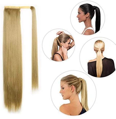 BARSDAR Ponytail Extension 26 Inch Long Straight Wrap Around Hair Piece for Women Synthetic Hair for Daily Use(4H27# Dark Brown mix Strawberry Blonde Unevenly)