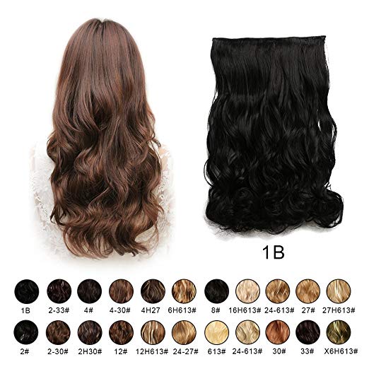 BARSDAR 20" Wavy 3/4 Full Head Clip in Synthetic Hair Extensions Long Curly Wave one piece 5 Clips Hairpieces for Women 130g（1B# Off Black）