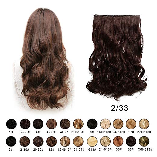 BARSDAR 20" Wavy 3/4 Full Head Clip in Synthetic Hair Extensions Long Curly Wave one piece 5 Clips Hairpieces for Women 130g（2/33# Darkest Brown mix Dark Auburn Evenly）