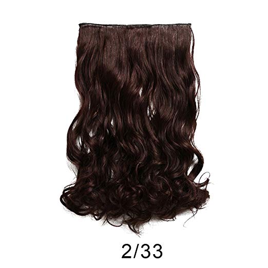 BARSDAR 20" Wavy 3/4 Full Head Clip in Synthetic Hair Extensions Long Curly Wave one piece 5 Clips Hairpieces for Women 130g（2/33# Darkest Brown mix Dark Auburn Evenly）