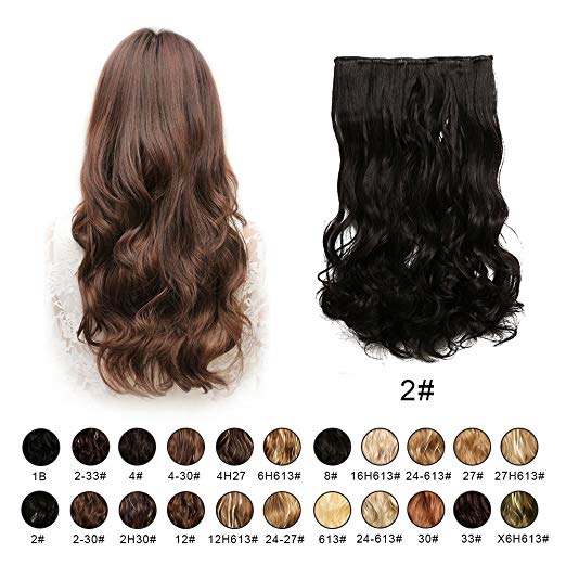 BARSDAR 20" Wavy 3/4 Full Head Clip in Synthetic Hair Extensions Long Curly Wave one piece 5 Clips Hairpieces for Women 130g（2# Darkest Brown）