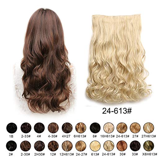 BARSDAR 20" Wavy 3/4 Full Head Clip in Synthetic Hair Extensions Long Curly Wave one piece 5 Clips Hairpieces for Women 130g（24/613# Light Blonde mix Bleach Blonde Evenly）