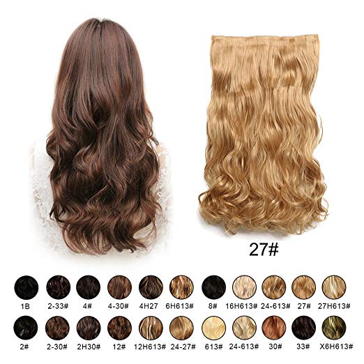 BARSDAR 20" Wavy 3/4 Full Head Clip in Synthetic Hair Extensions Long Curly Wave one piece 5 Clips Hairpieces for Women 130g（27# Strawberry Blonde）