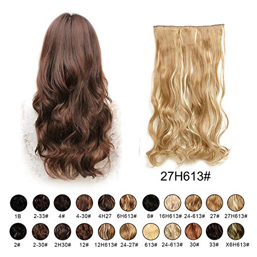BARSDAR 20" Wavy 3/4 Full Head Clip in Synthetic Hair Extensions Long Curly Wave one piece 5 Clips Hairpieces for Women 130g（27H613# Strawberry Blonde mix Bleach Blonde Unevenly）