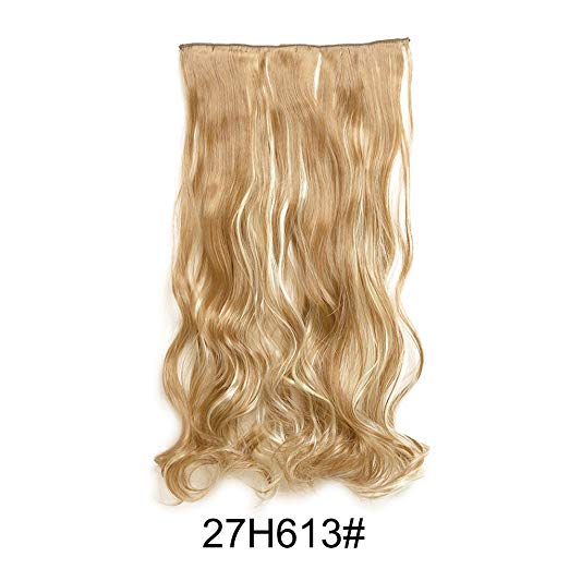 BARSDAR 20" Wavy 3/4 Full Head Clip in Synthetic Hair Extensions Long Curly Wave one piece 5 Clips Hairpieces for Women 130g（27H613# Strawberry Blonde mix Bleach Blonde Unevenly）