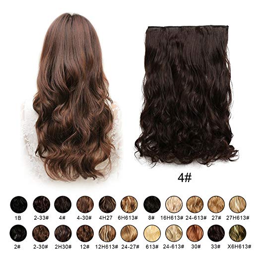 BARSDAR 20" Wavy 3/4 Full Head Clip in Synthetic Hair Extensions Long Curly Wave one piece 5 Clips Hairpieces for Women 130g（4# Dark Brown）