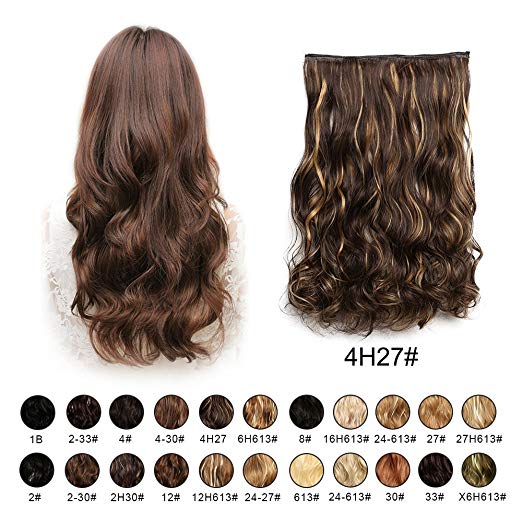 BARSDAR 20" Wavy 3/4 Full Head Clip in Synthetic Hair Extensions Long Curly Wave one piece 5 Clips Hairpieces for Women 130g（4H27# Dark Brown mix Strawberry Blonde Unevenly）