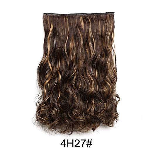 BARSDAR 20" Wavy 3/4 Full Head Clip in Synthetic Hair Extensions Long Curly Wave one piece 5 Clips Hairpieces for Women 130g（4H27# Dark Brown mix Strawberry Blonde Unevenly）