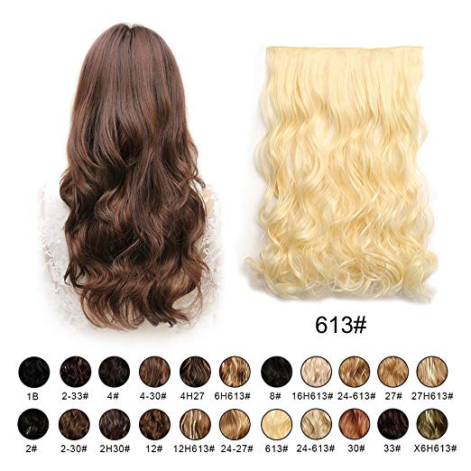 BARSDAR 20" Wavy 3/4 Full Head Clip in Synthetic Hair Extensions Long Curly Wave one piece 5 Clips Hairpieces for Women 130g（613# Bleach Blonde）
